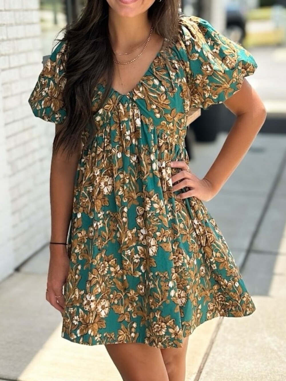 Greylin Teal and Brown Floral Puff-Sleeve Mini Dress Xs